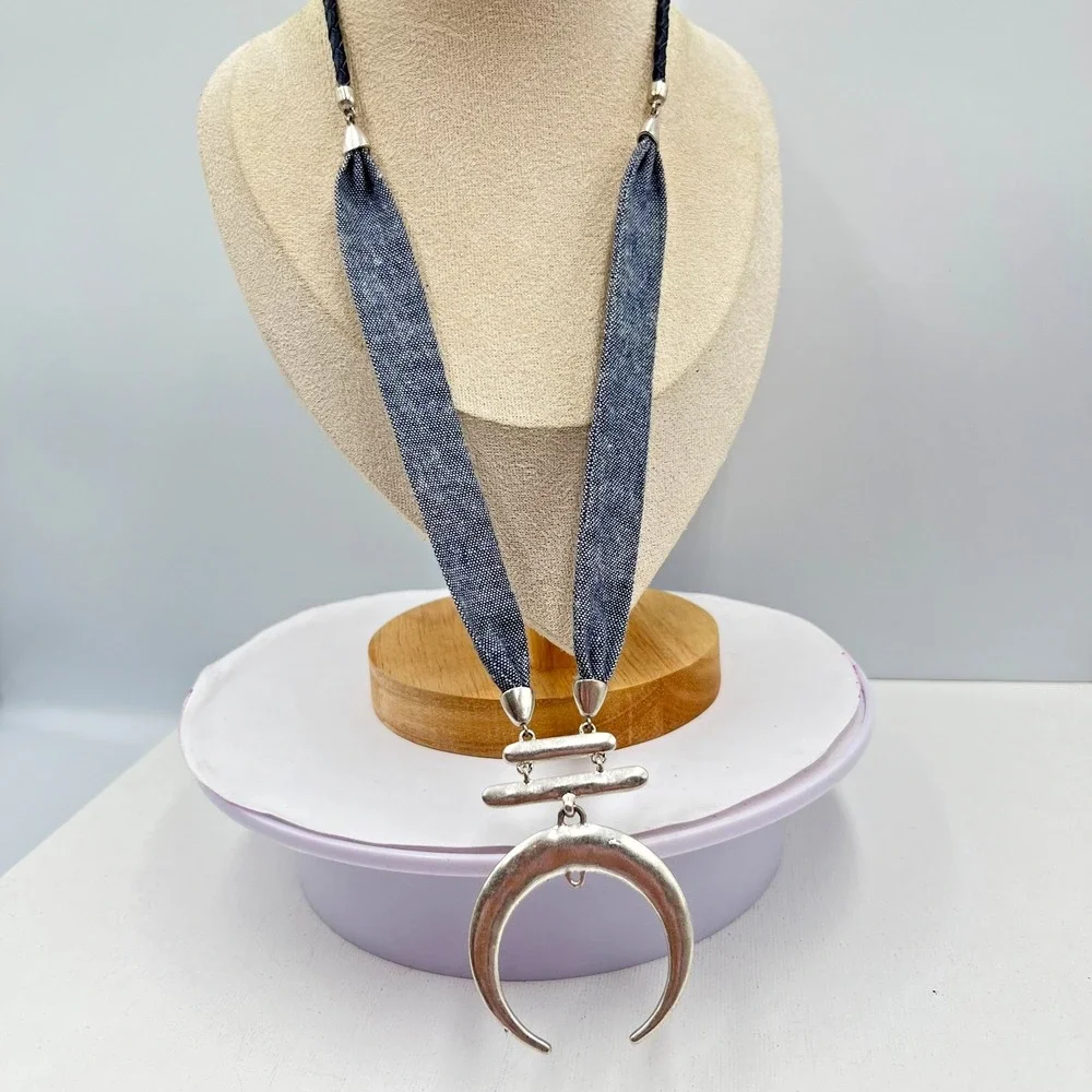 Vintage Mixed Metal Crescent Tusk Necklace Denim Fabric & Braided Cord Statement